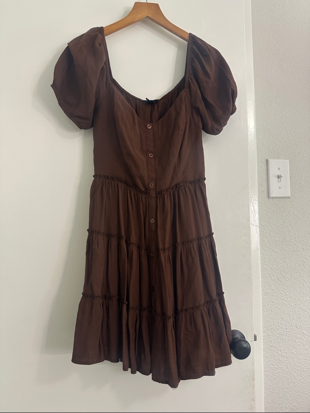 Francesca’s Brown Cottagecore Peasant Dress Puff Sleeve Boho Flowy Mini Dress